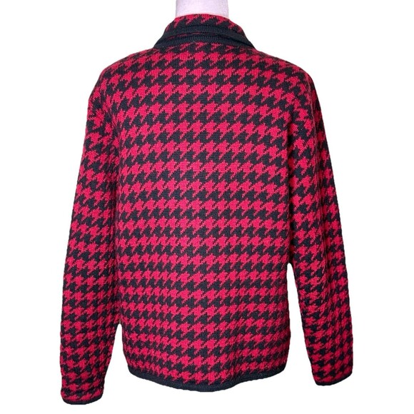 Women’s 100% Wool Red Black Houndstooth Zip Cardigan Classic Preppy Fall Size Lg - Picture 3 of 8